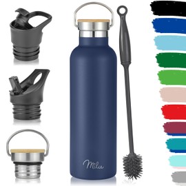 Milu Stainless Steel Drinking Bottle 350 ml 500 ml 750 ml 1000 ml (+ 3 Lids) - Thermos Bottle with Straw, Insulated Water Bottle, Leak-Proof Insulated Flask Double-Walled (Navy Blue, 750 ml)