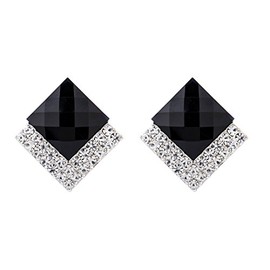 Clip On Earrings - Silver Plated With Black Stone And Crystal Stud - Bess BK