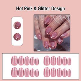 ANDGING Short French Tip Press on Nails Pink Oval Fake Nails with Glue Acrylic Round Glue on Nails with Designs Gel Manicure False Nail for Women Girls Fantasy Stick ons Nails for Wedding HDKD88