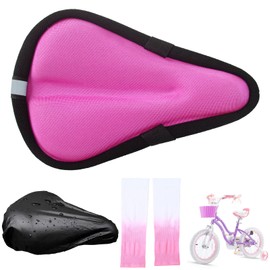 Suerico Kids Bicycle Seat Cushion Cover 9"x6",Gel Padded Bike Seat Cover for Boys Girls,Breathable Soft Bike Seat Cover，Child Bicycle Saddle Pad with Water Resistant Cover,Arm Sleeves Pink
