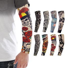 AYNKH 8 Pcs Fake Temporary Tattoos Sleeve for Men Cool Art Arm Fake Tattoos Sleeves Cover Unisex Elastic Sun Block Sleeves for Men Women
