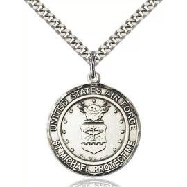Bliss Sterling Silver Air Force St Michael Protect Me Medal Pendant Necklace 24"Chain