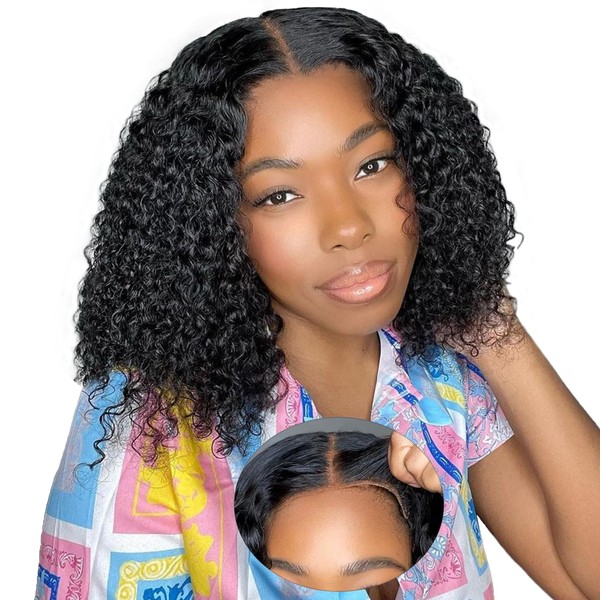 Real Hair Wig, Glueless Pre-Cut Lace Curly Bob Human Hair Wig, 180% Density, Afro Wig, Women's Short 4x4 Lace Front Wig, Bob Curls, 14 Inches (35.5