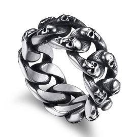 Bandmax Gothic Skull Chain Ring for Men Women Vintage Retro Style Cuban Link Chain Ring with Skull Stainless Steel Biker Rings Size 12
