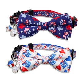 4th of July Cat Bow Tie Collar with Bell, Independence American Holiday Kitty Kitten Patriotic USA Flag Collars for Boys Girls Male Female Cats