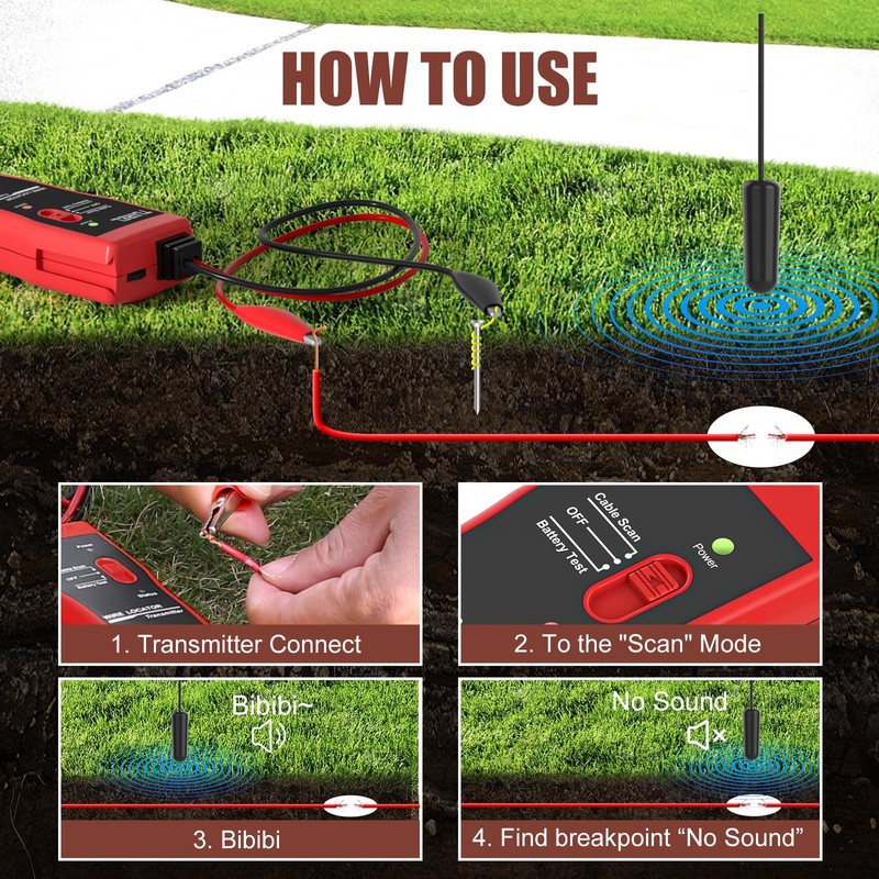 Underground Wire Locator, Underground Cable Locator with Rechargeable 1100mAh Battery,