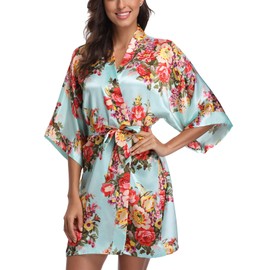 Laurel Snow Women's Floral Satin Robes Bride Bridesmaid Getting Ready Robe Short Kimono Bathrobe Sleepwear for Wedding Party