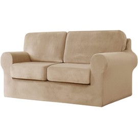 XSlive 5 Pieces Velvet High Stretch Sofa Covers for 2 Cushion Couch Sofa Slipcovers, Washable Furniture Protector with Drawstring Anti Slip Bottom, Soft and Plush Fabric for Kids and Pet (Sand)