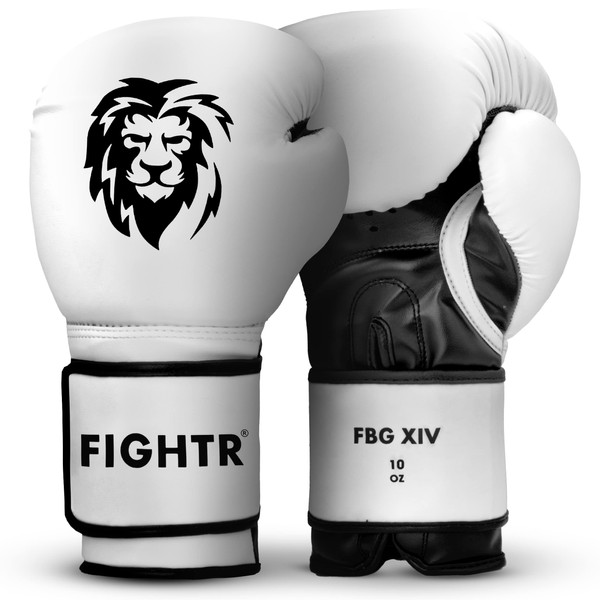 FIGHTR Gants de Boxe de qualité supérieure - Stabilité et Force de Frappe idéales - Gants de Boxe pour MMA, Muay Thai, Kickboxing et Arts Martiaux - avec Sac de Transport (Blanc/Noir, 10 oz)