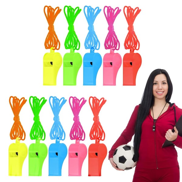 KEQAR 10 Pcs Sports Whistles with Lanyard Plastic Whistle Football