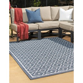 Unique Loom Outdoor Trellis Collection Area Rug - Kafes (5' 3" x 8' Rectangle, Navy Blue/ Ivory)