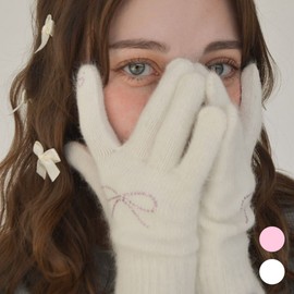 Dederit Dederrit Heart Ribbon Cubic Finger Hole Touch Wool Knit Gloves
