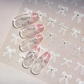 5D Embossed White Lace Bowknot Nail Art Stickers Pearl Bow Nail Stickers for Nail Art Supplies Retro Relief Bow Nail Decals Self-sdhsive Bow Stickers for Nails Ribbon Bows Nail Accessories for Women