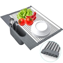 Lcckyeng Roll-up Dish Drying Rack with Utensil Holder, Collapsible Stainless Steel (Grey, 17.5" x 15.2")