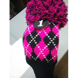 Majek Argyle #1 460cc Driver Pink & Black Golf Headcover Knit Pom Pom Retro Classic Vintage Head Cover