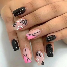 Medium Square Shape Press on Nails,Glossy Solid Color Fake Nails,Black Leaf White Flower Design False Nails,Full Cover Reusable Artificial Nails with Stick on Nails,Natural Glue on Nails for Women