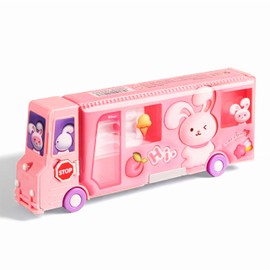 School Bus Pencil Case, Cartoon Pen Box with Sharpener, Large Capacity Stationery Organizer, Best Birthday Gifts for Kids Teens School Supplies(Pink)