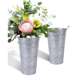 12 Inch Galvanized Metal Vases for Flowers - 2 Pcs Farmhouse Decorative Tall Flower Bucket with Handles, Rustic French Tin Planter Buckets for Wedding Decor (Silver)