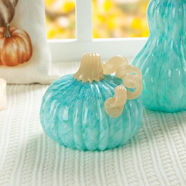 Glitzhome Fall Glass Pumpkin Decor Hand Blown Glass Pumpkin Table Top Home Decor for Fall Harvest & Thanksgiving Decorating, 5" H, Turquoise