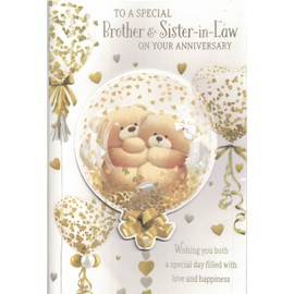 Anniversary Card for Brother and Sister-in-Law, Gold Hearts Design with Teddy Bears, Special Day Greeting