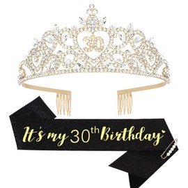 30th Birthday Decorations for Her with 30th Birthday Sash for Women, Happy 30th Birthday Decorations for Women 30th Birthday Gifts for Her 30 Birthday Sash and Crown-Gold