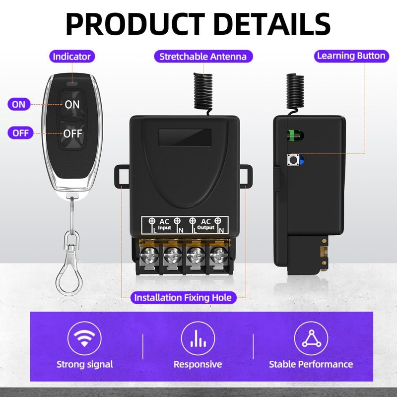 Gebildet 220V Wireless Remote Control Switch, AC80~265V, 30A, Relay Switch,
