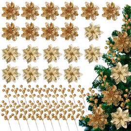 Wavyknot 60 pcs 4 Styles Christmas Glitter Berries Stems Christmas Artificial Poinsettia Flowers Christmas Tree Picks for Christmas Tree Ornaments DIY Xmas Wreath Crafts Holiday Decor (Gold)