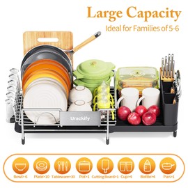 Urackify Dish Drying Rack, Expandable Stainless Steel Dish Rack with Drainboard Set Kitchen Sink Organizer for Counter, Large Capacity Kitchen Accessories, Smooth Water Flow