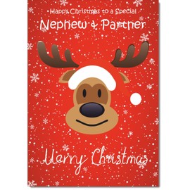 doodlecards Nephew and Partner Christmas Card Rudolph on Red Background Medium Size Christmas Card for Nephew & Partner with Plain Envelope
