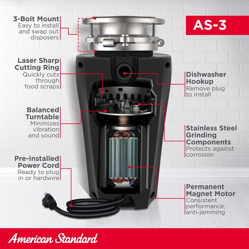 American Standard 10-US-AS-3 Garbage Disposer, 1/3 HP, Black