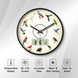SCOAGE Silent Modern Digital Clock with Week and Date Temperature Funny Birds Large Display Clock Battery Operated LCD Wall Clocks Non-Ticking Clocks for Bathroom Kitchen Living Room Decor 12 Inch