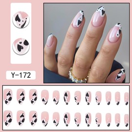 Almond Press on Nails French Heart Fake Nails Medium Length False Nails with Black Heart Tips Design Cute Artificial Nails Pink Acrylic Glue on Nails for Women Girls 24Pcs