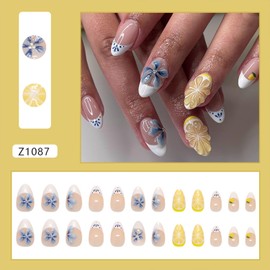 Tyuimhx 3D Blue Flowers Press on Nails Short Almond Fake Nail with 3D Orange Designs White French Tip False Nails Summer Full Cover Stick on Nail Acrylic Artificial Glue on Nail for Women 24 Pcs