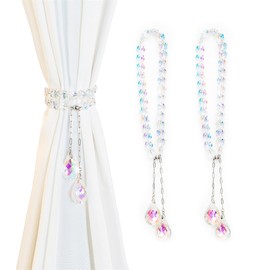 NUZUJX Magnetic Curtain Tiebacks, 2 Pack K9 Clear AB Color Crystal Prism Beaded Pendants Sheers/Draperies Holdbacks for Window Home Office Decor (AB Teardrops)