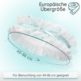JK Trade® L-XXXL Premium Bridal Garter in Blue for Wedding, Ribbon Decorated with Lace, Bow and a Elegant Filigree Glitter Stone, 100% Handmade, white-blue