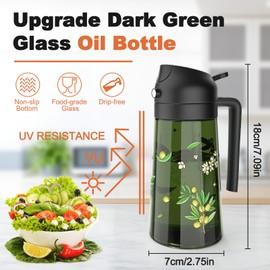 COOLMI Oil Sprayer for Cooking - 16oz/470ml, 2-IN-1 Food-Grade Glass Olive Oil Dispenser Bottle for Kitchen Gadgets, Air Fryer, Salad, BBQ - Set of 2 Oil Sprayer With Sticker (Black)