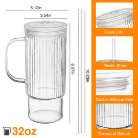 erichbow 32oz Ribbed Glass Cup with Handle glass Lid and Plastic Straw, Glass Tumbler, Iced Coffee Cups Hot/Cold Drinks
