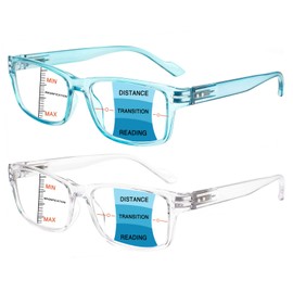 CLASAGA 2 Pack Progressive Multifocus Reading Glasses with Spring Hinge Blue Light Blocking Multifocal Readers for Women Men (Blue/Transparent, 1.00)