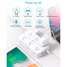HANYCONY Extension Cord 10 Ft, Power Strip Surge Protector with 12 Outlets 4 USB Ports (2USB C), Large Desk Power Strip with Long Cord, Flat Plug, Wall Mount for Office Home College Dorm Room Essentials, White