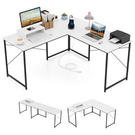 Tangkula L-Shaped Computer Desk with Power Outlets, 95” Long 2-Person Desk with Monitor Shelf, Modern Corner Desk Gaming Table with USB Ports for Home Office