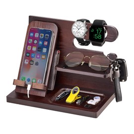Organizador para Celular,Relojes,Llaves,Cartera,Accesorios para Hombre,Base de Celular para la Oficina y el Hogar, Organizador de Escritorio Orificio de Carga,Regalo para Papá (Marrón)