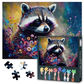 Raccoon Puzzle 1000 Pieces Adults, Animals and Flower 1000 Pieces Classic Puzzles for Adults Impossible Challenging Puzzle, Stress Relief Family Puzzle Game 70 x 50 cm