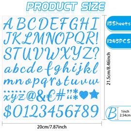1245Pcs Letter Stickers 15 Sheets Alphabet Stickers Vinyl Blue Sticker Letters 1Inch Self-Adhesive Glitter Number ABC Stickers for Scrapbook Water Bottles Graduation Cap Crafts Mailbox Sign (Blue)