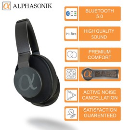 Alphasonik V80BN Active Noise Cancelling Headphones Bluetooth Wireless with Microphone Alpha Deep Bass Wireless Headphones Over Ear, Cooling Foam Earpads, 30 Hours Playtime for Travel/Work, Black