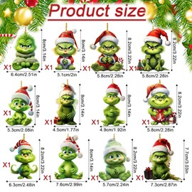 Grinch Christmas Decoration Pendants - 12 Piece Set | High Quality 2D Acrylic Tags with Cute Designs | Perfect for Christmas Tree, Window & Home | Festive Decoration