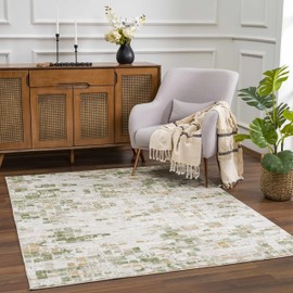 Hauteloom Liverpool Modern Abstract Bedroom Living Room Area Rug - Square Tile Carpet - Contemporary Bohemian Farmhouse - Green, Brown, Cream, Beige, Ivory - 5'3" x 7'