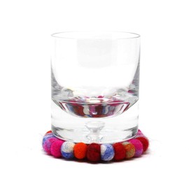 Global Crafts Hand Crafted Felt Ball Wool Coaster Set from Nepal, 4" Natural Drink Coaster, 4-Pack, Rainbow