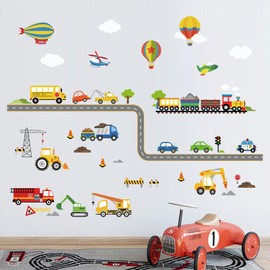 decalmile Construction Transportation Wall Decals Car Truck Plane Boys Wall Stickers Kids Bedroom Baby Nursery Playroom Wall Decor