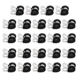 uxcell 24 Pcs 9mm(11/32") Cable Clamp, 304 Stainless Steel Rubber Coated Cushioned Insulated Cable Clamp R-Tube Strap Clamp for Lines Pipe Hose Wire Cord Installation, Black