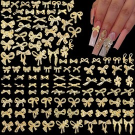 CUBLIVE Bow Nail Charms, 80PCS 3D Metal Bows Charms for Acrylic Nails, Alloy Gold Bow Knot Nail Art Rhinestones Cute Kawaii Bow tie Nail Accessories Decorations Supplies for Crafts (HJ-80)